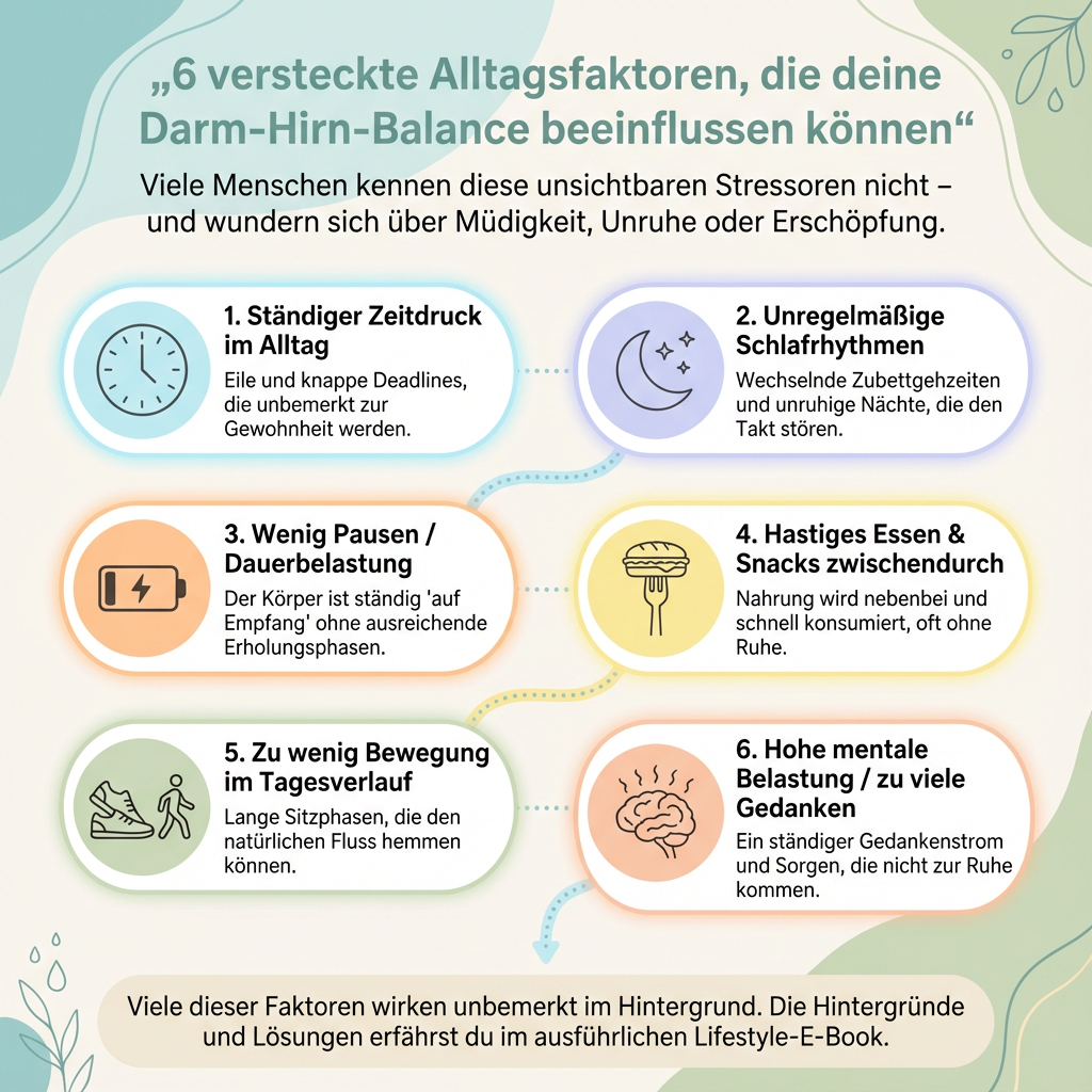 6 versteckte Alltagsfaktoren, die deine Darm-Hirn-Balance beeinflussen können - Infografik zeigt Zeitdruck, Schlafrhythmen, Pausen, Essen, Bewegung und mentale Belastung